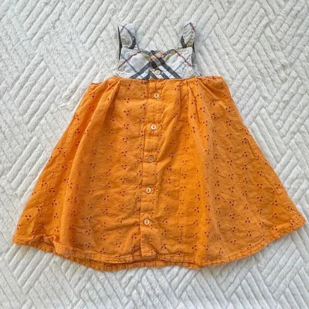 Burberry Baby Girls 9M Orange Eyelet Plaid Linen Dress Summer Lined